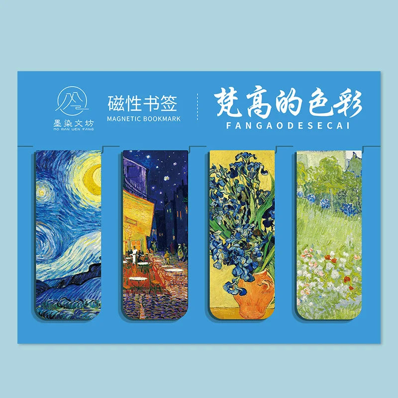 4 Pcs Magnetic Bookmark World Famous Painting Monet Van Gogh Antique Art Page Folder for Books Readers Stationery Supplies