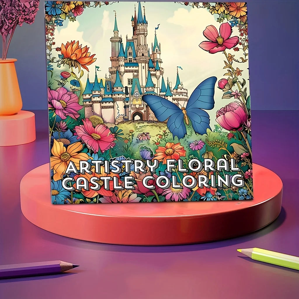 1pc Artistry Floral Castle Coloring Book for Stress Reduction | Soothing Stress Colouring Book for Stress Relief &Gifting