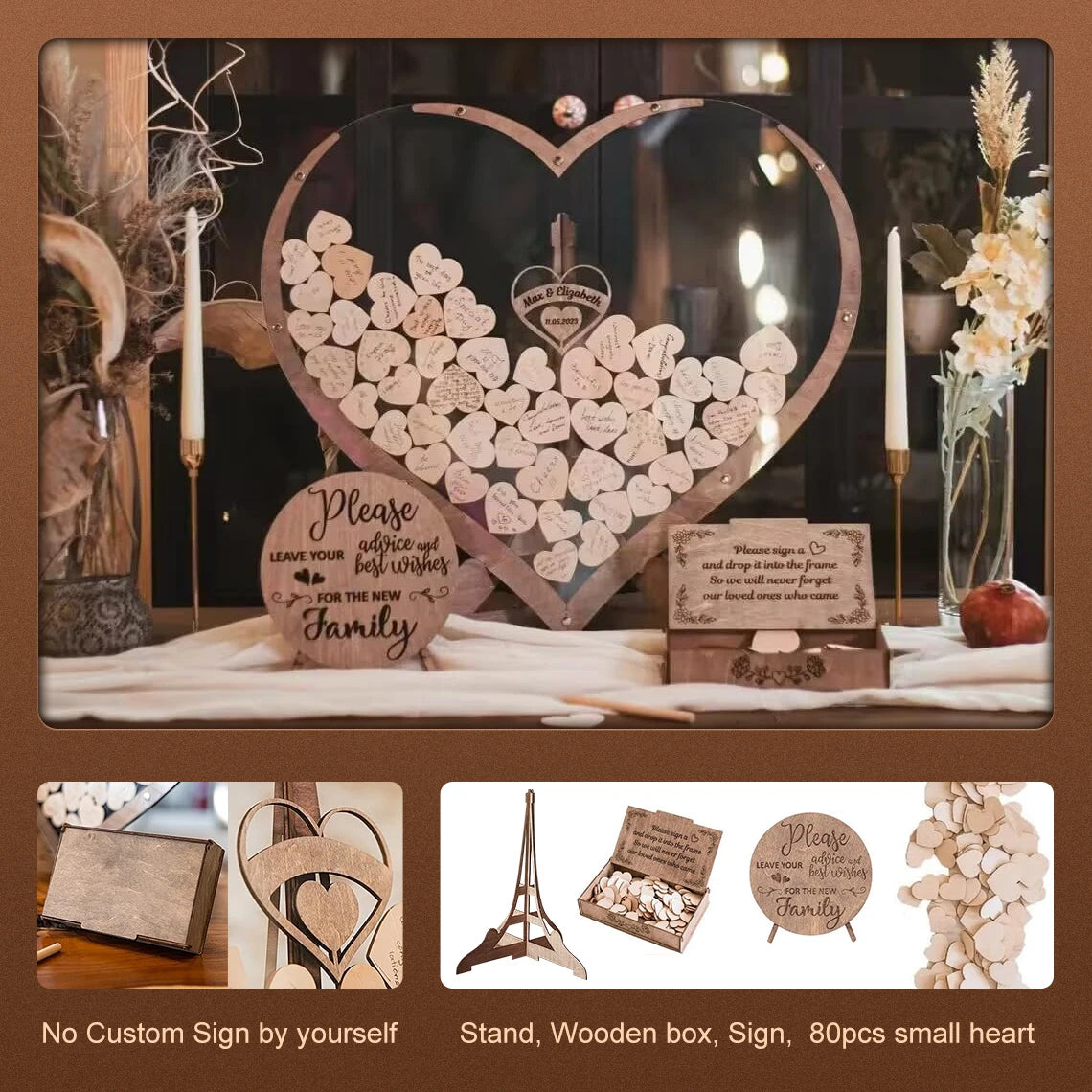 Custom Acrylic Wedding Guest Book Wooden Drop Heart Message Book Sign, Alternative Anniversary Valentine's Day Wedding Deco