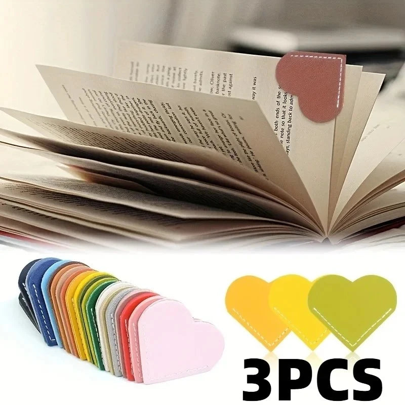 3pcs Bookmark PU Leather Love Heart Bookmarks for Book Mini Corner Page Marker Stationery Supplies Bookmark Gift