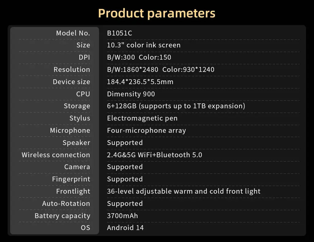 Bigme B1051C E-ink Screen Tablet 10.3 inch Ebook Reader, CPU Dimensity 900 with 6 +128GB, Android 14 Support Google Play Ereader