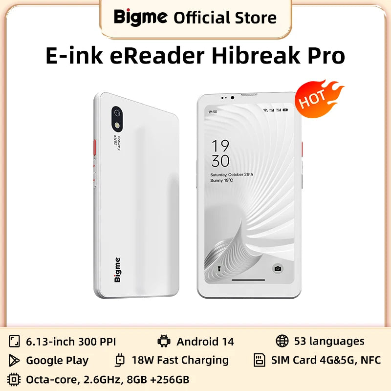 BIGME Hibreak Pro 6.13inch 300PPI E-ink screen Ebook Reader, Android 14 Open System, 8GB RAM+256GB ROM ereader Hibreak optional