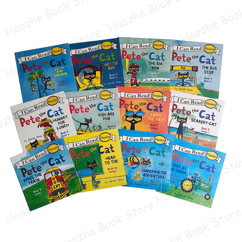 12 Books Pete the Cat I Can Read Phonics English Picture Book Story Pocket Book for Children Kids Montessori Bedtime Reading