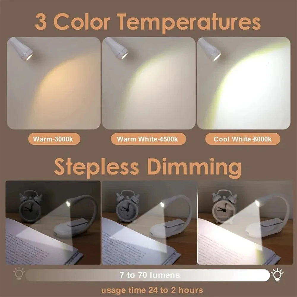 New Mini LED Book Light Eye Protection Adjustable Clip 360° Flip Study Lamp Rechargeable 3 Color For Travel Bedroom Reading