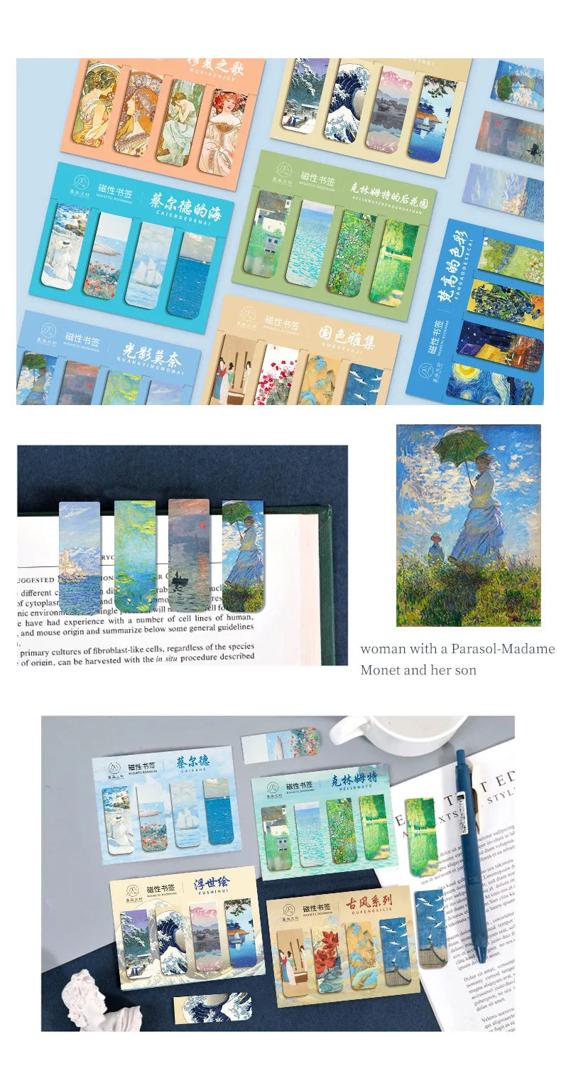 4 Pcs Magnetic Bookmark World Famous Painting Monet Van Gogh Antique Art Page Folder for Books Readers Stationery Supplies