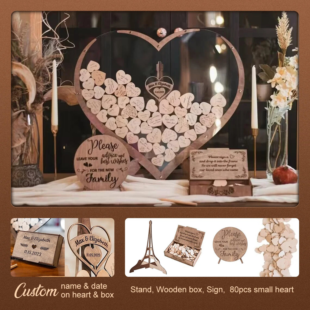 Custom Acrylic Wedding Guest Book Wooden Drop Heart Message Book Sign, Alternative Anniversary Valentine's Day Wedding Deco