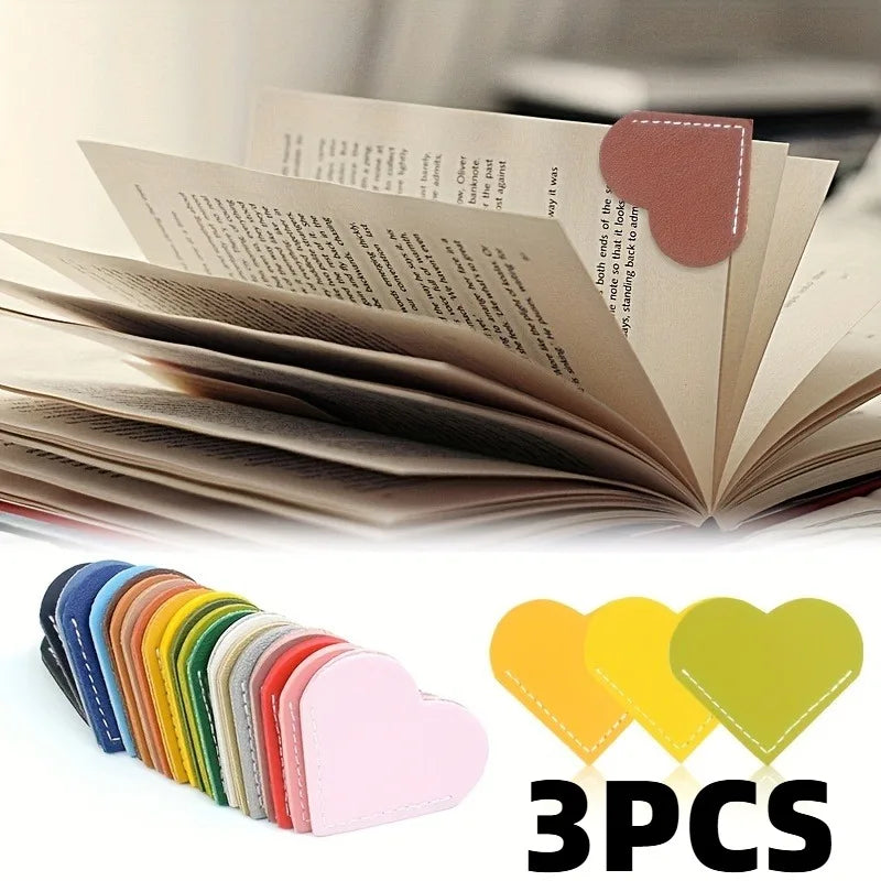 3pcs Bookmark PU Leather Love Heart Bookmarks for Book Mini Corner Page Marker Stationery Supplies Bookmark Gift