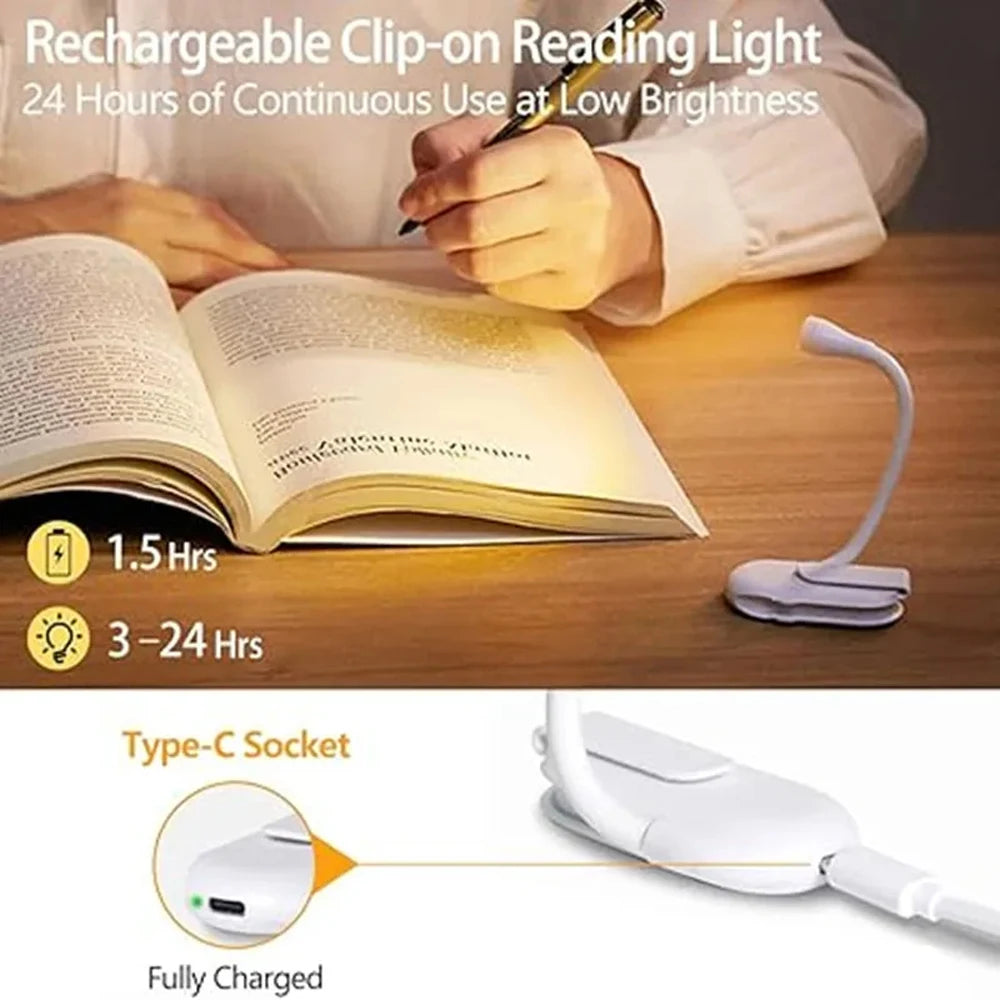New Mini LED Book Light Eye Protection Adjustable Clip 360° Flip Study Lamp Rechargeable 3 Color For Travel Bedroom Reading